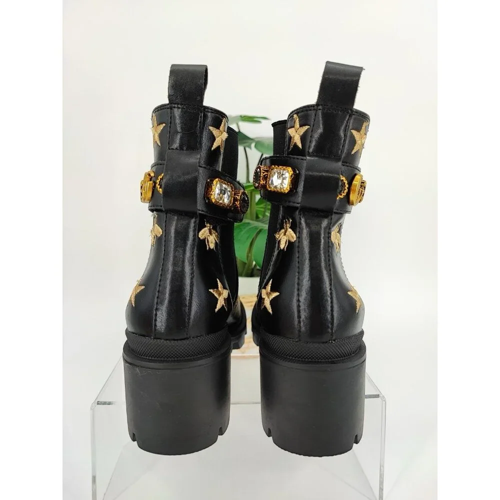 Gucci Bee & Star Embroidered Women's Size 7.5 US Leather Black Ankle Boots - Picture 3 of 9